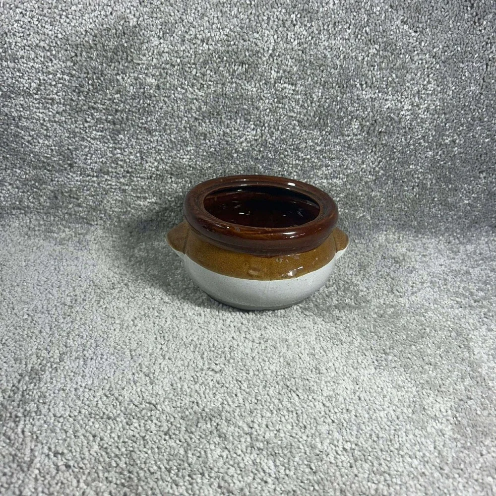 Bean Pot Brown Tan Cream Stoneware Mini Crocks Set of 2 with 1 Lid